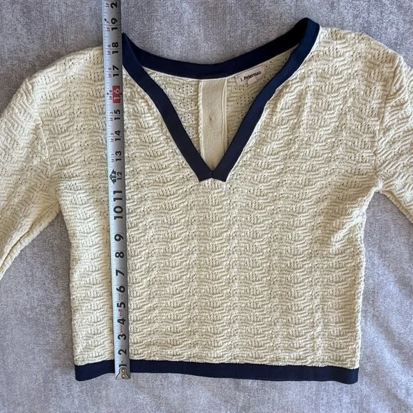 J. Peterman Vivienne Pointelle Cotton Suit Set Cream Navy Trim Skirt Top XS/S - Picture 13 of 16